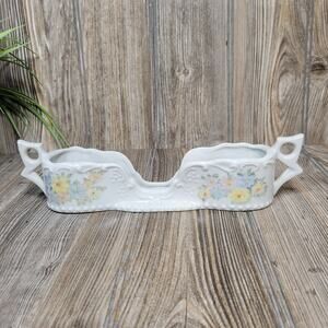 Vintage Spoon Holder, Buffet Silverware Holder, White Double Handle, Floral